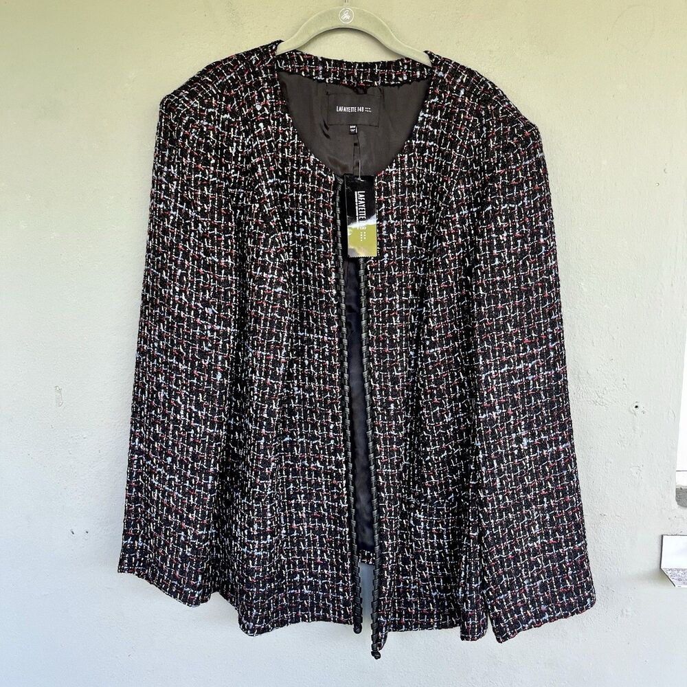Lafayette 148 Wool Blend Tweed Blazer 24W Open Front Boucle Leather Trim Career